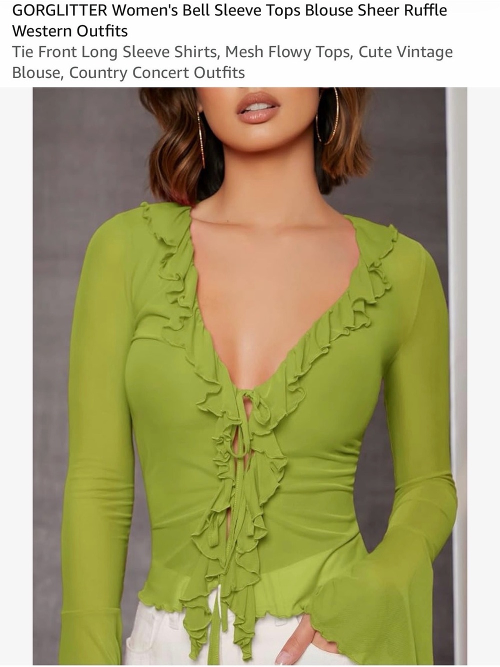 Amazon Lime Green Ruffle Tie-Front Bell Sleeve Blouse
